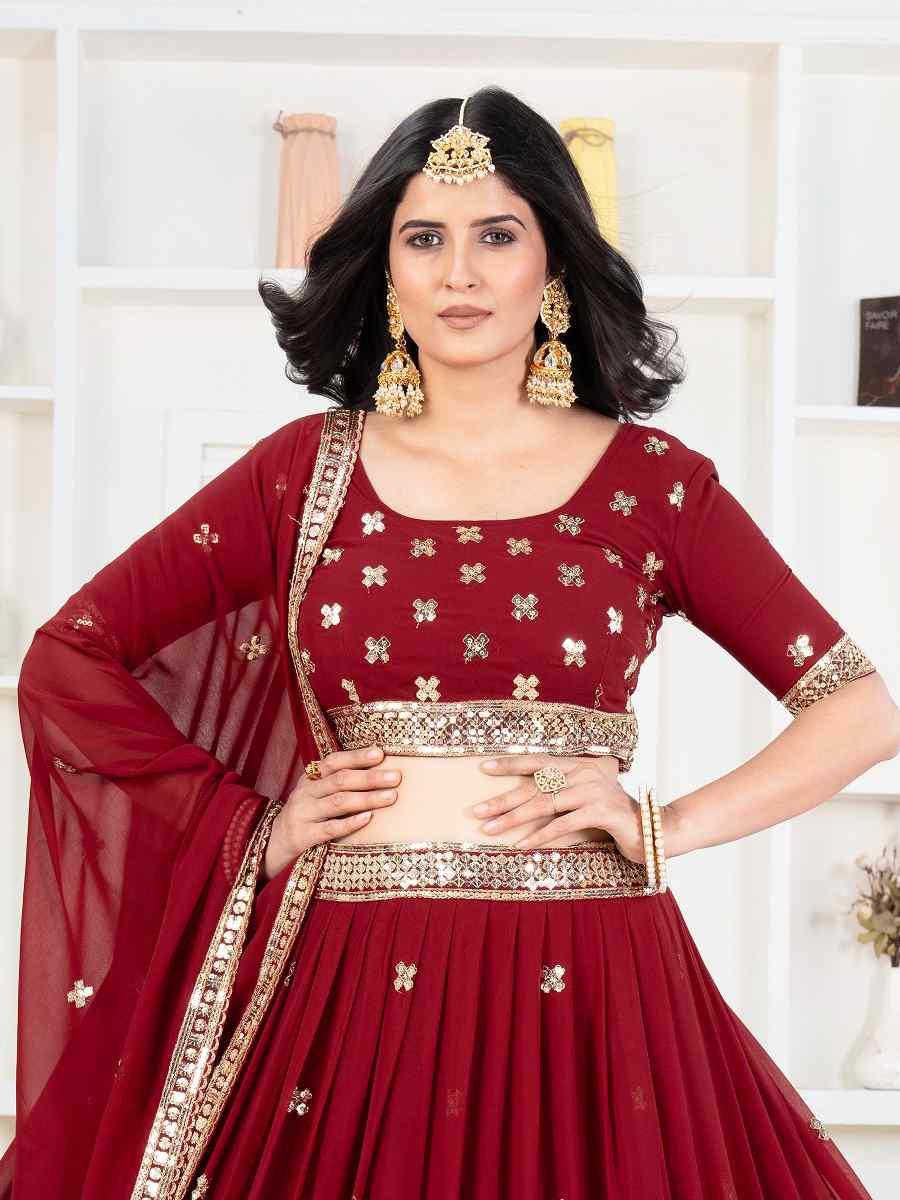 Red Faux Georgette Embroidered Wedding Festival Heavy Border Lehenga Choli