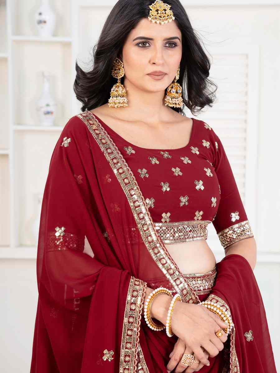 Red Faux Georgette Embroidered Wedding Festival Heavy Border Lehenga Choli