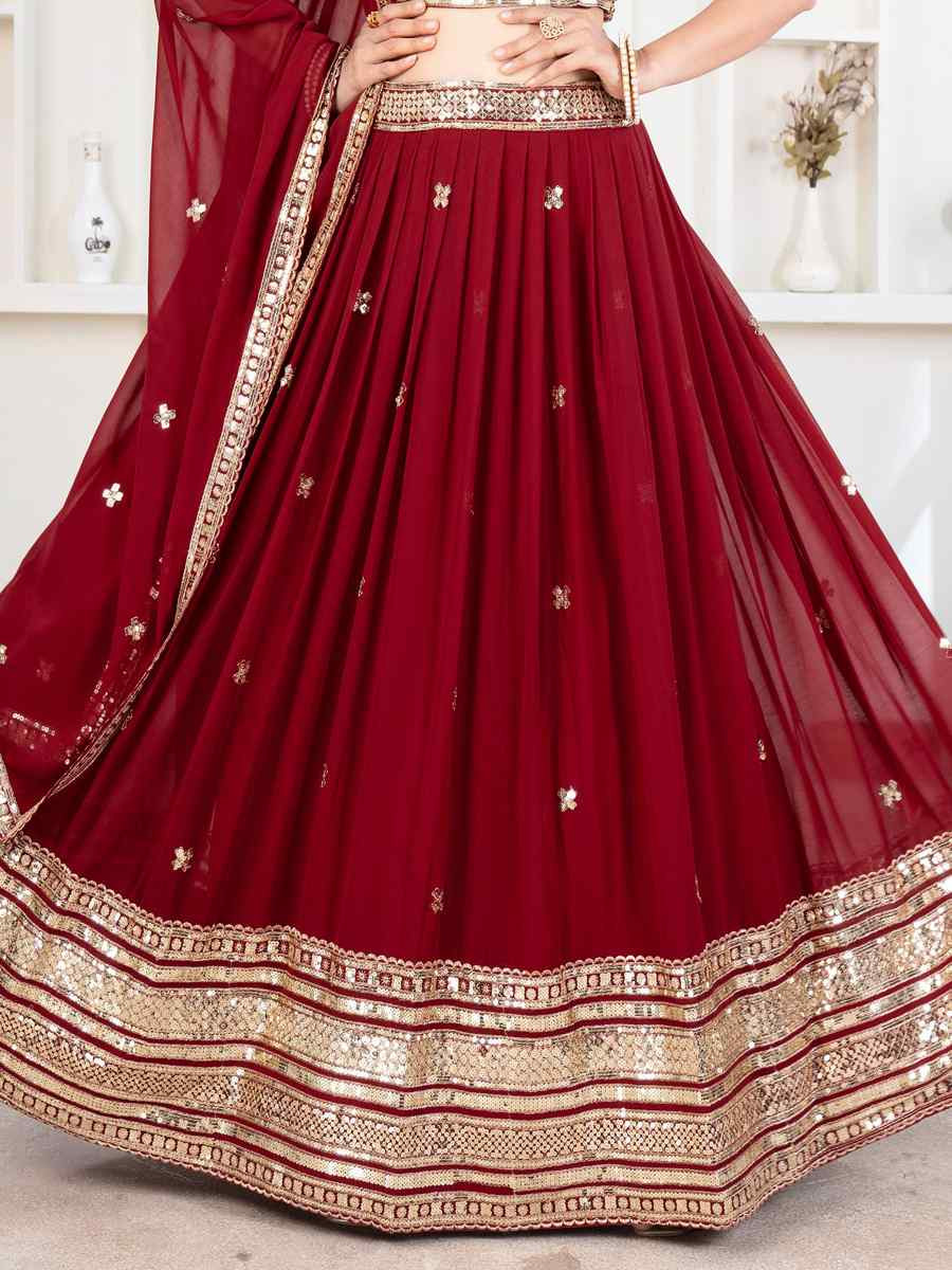 Red Faux Georgette Embroidered Wedding Festival Heavy Border Lehenga Choli