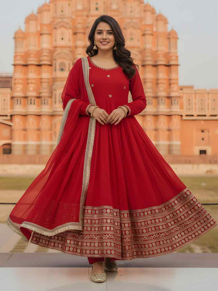Red Faux Georgette Embroidery Party Wedding Festival Casual Ready Anarkali Salwar Kameez