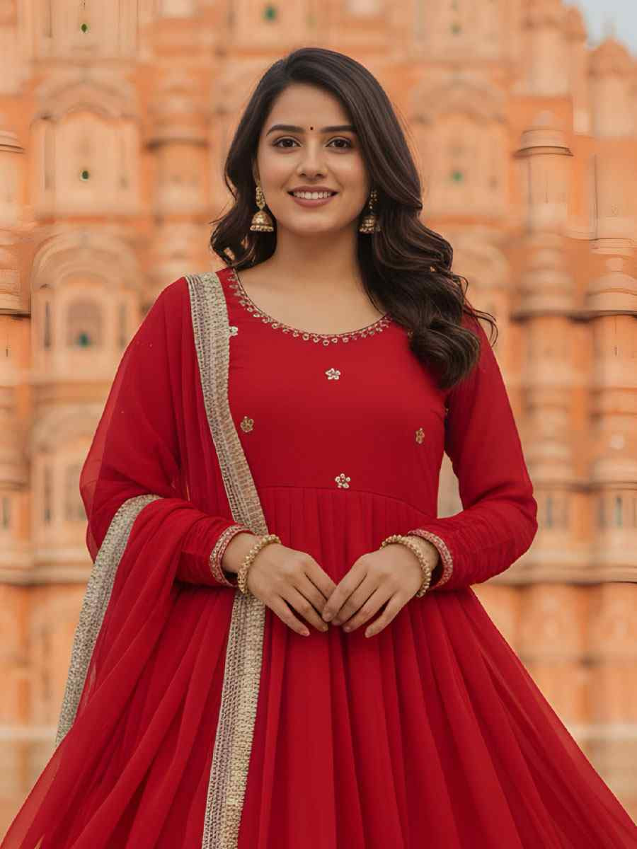 Red Faux Georgette Embroidery Party Wedding Festival Casual Ready Anarkali Salwar Kameez