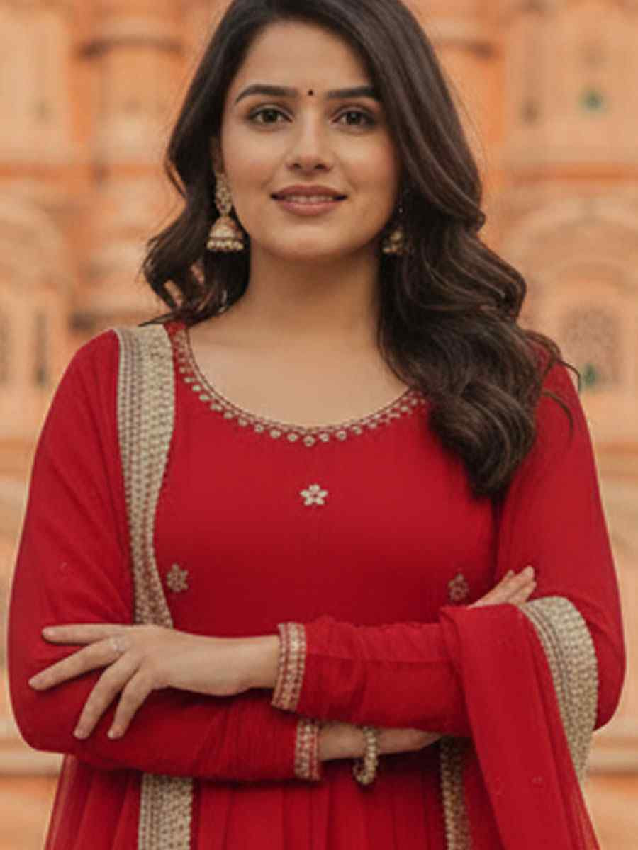 Red Faux Georgette Embroidery Party Wedding Festival Casual Ready Anarkali Salwar Kameez