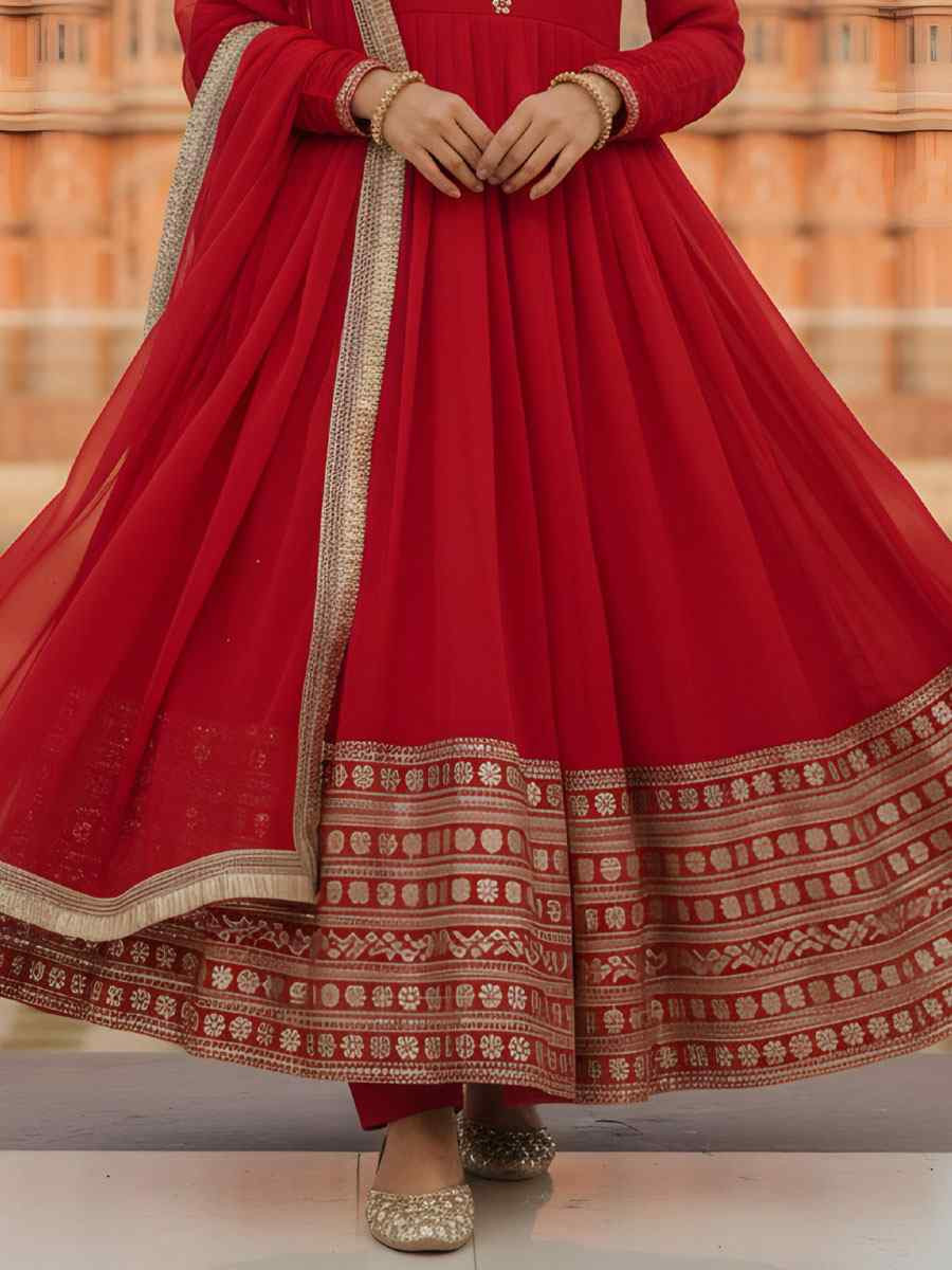 Red Faux Georgette Embroidery Party Wedding Festival Casual Ready Anarkali Salwar Kameez