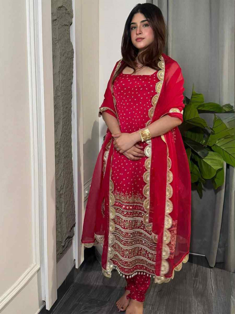 Image of Red Faux Georgette Embroidery Party Wedding Festival Casual Ready Churidar Salwar Kameez