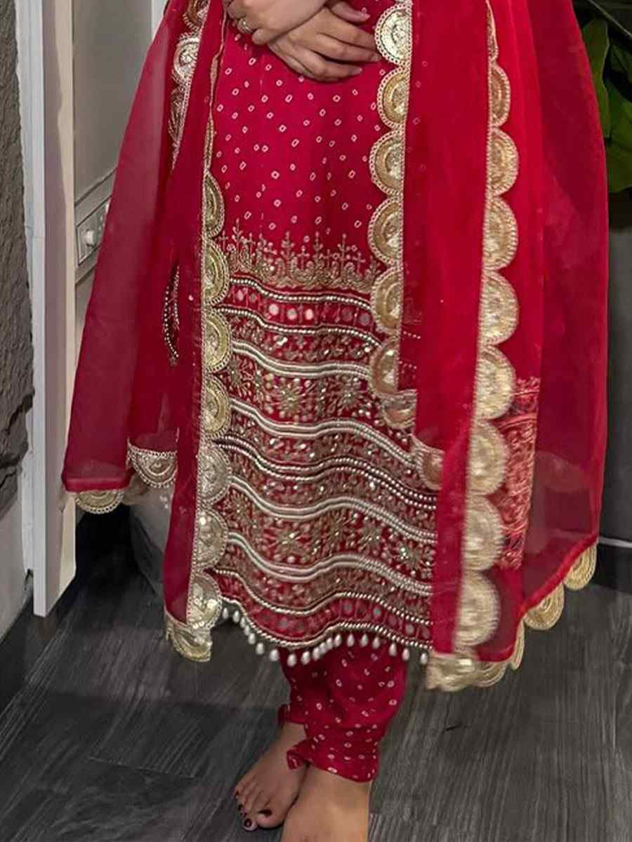 Red Faux Georgette Embroidery Party Wedding Festival Casual Ready Churidar Salwar Kameez