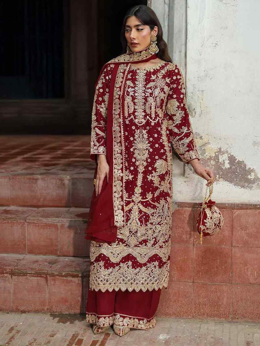 Red Faux Georgette Embroidery Party Wedding Festival Casual Ready Palazzo Pant Salwar Kameez