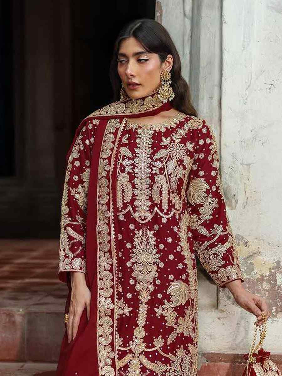 Red Faux Georgette Embroidery Party Wedding Festival Casual Ready Palazzo Pant Salwar Kameez