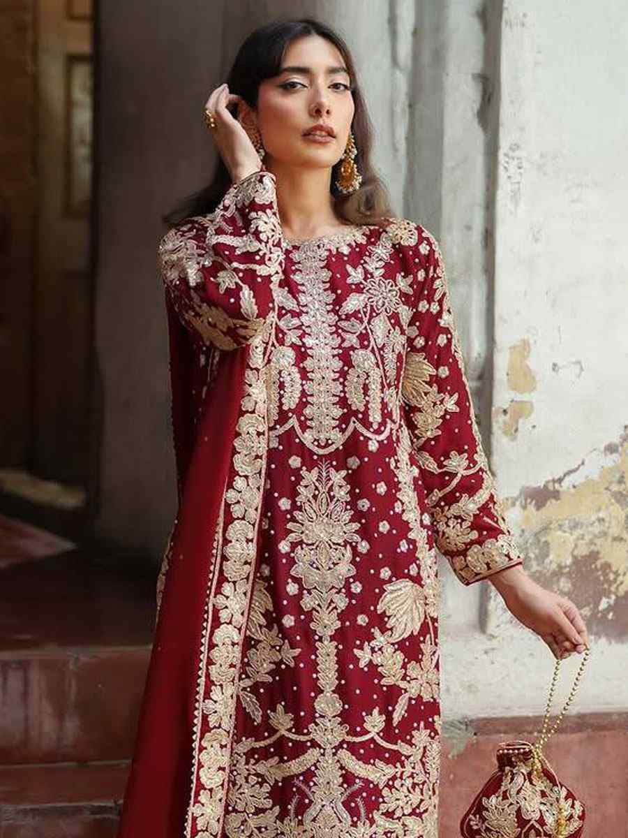 Red Faux Georgette Embroidery Party Wedding Festival Casual Ready Palazzo Pant Salwar Kameez