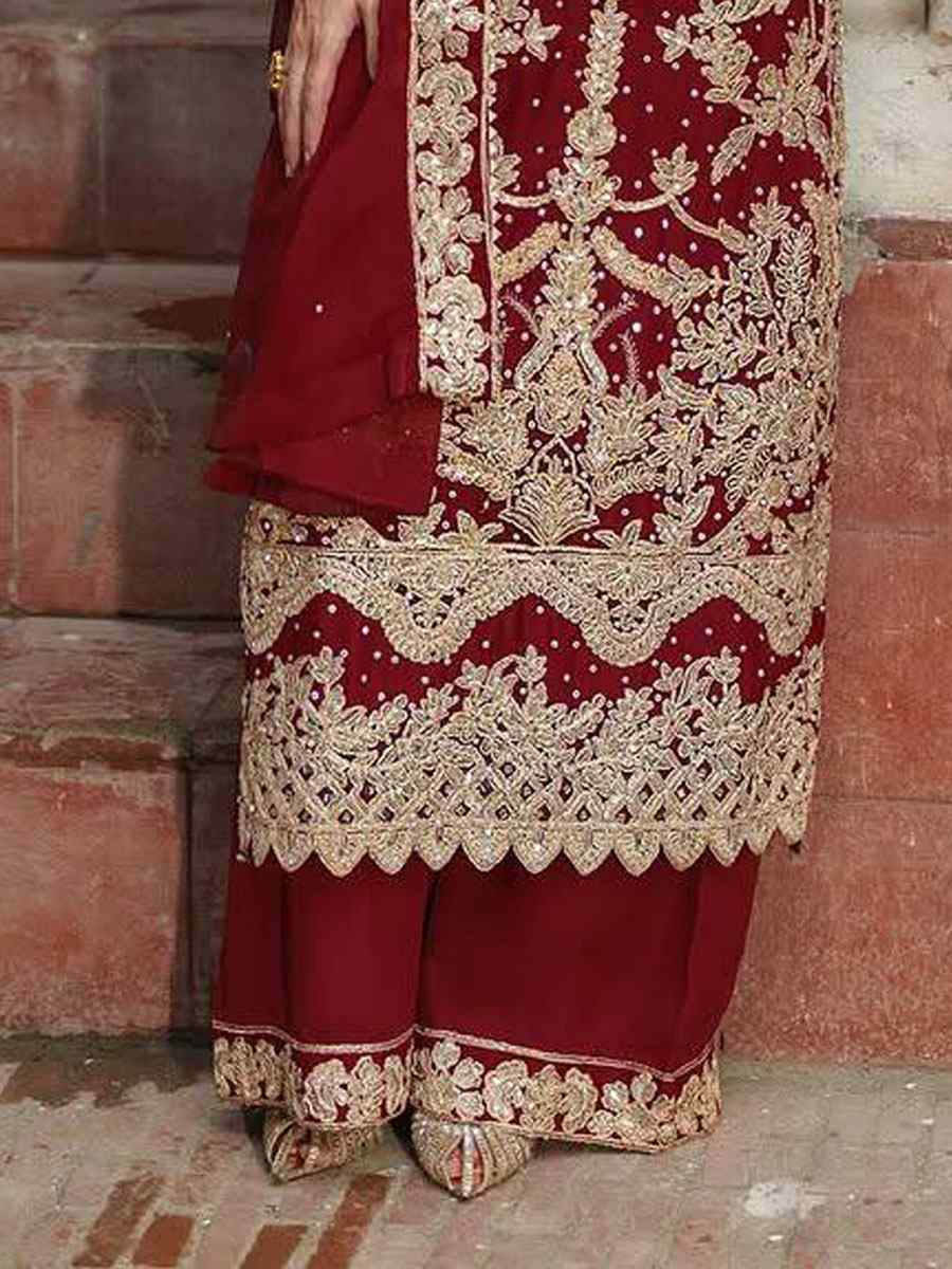 Red Faux Georgette Embroidery Party Wedding Festival Casual Ready Palazzo Pant Salwar Kameez