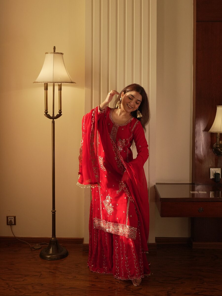 Red Faux Georgette Embroidery Sequins Wedding Party Festival Casual Sharara Pant Salwar Kameez