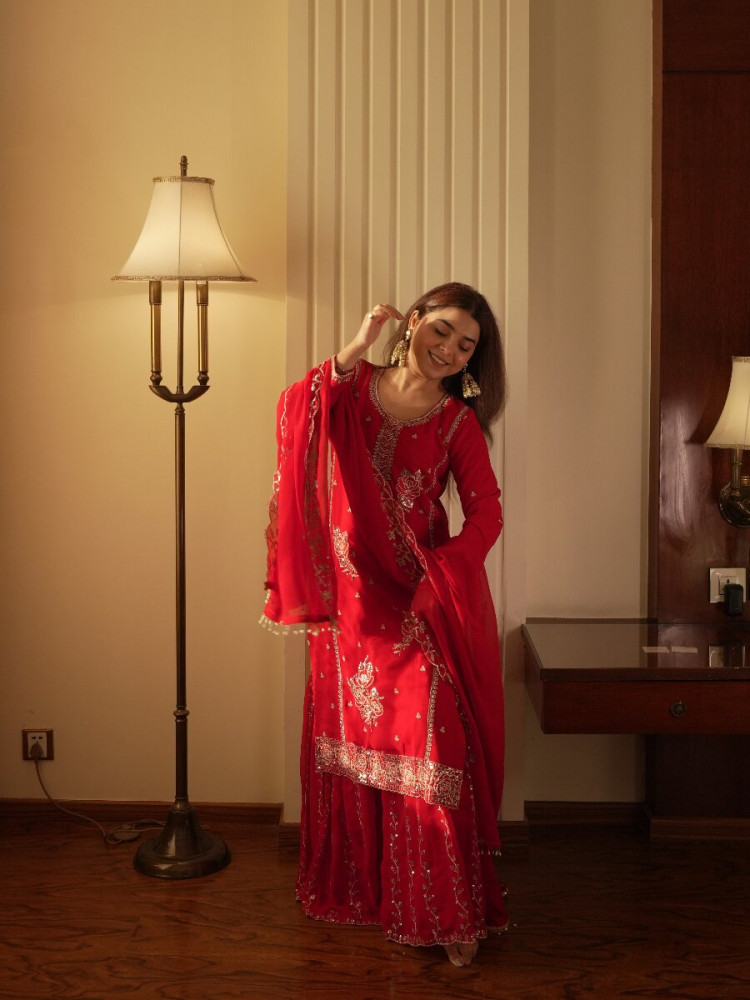 Image of Red Faux Georgette Embroidery Sequins Wedding Party Festival Casual Sharara Pant Salwar Kameez
