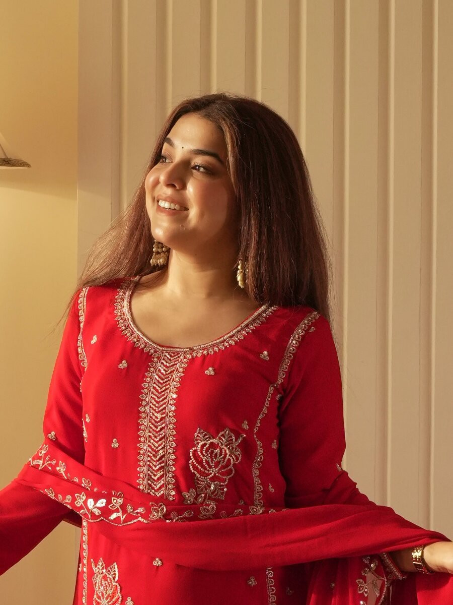 Red Faux Georgette Embroidery Sequins Wedding Party Festival Casual Sharara Pant Salwar Kameez