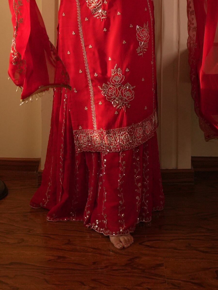 Red Faux Georgette Embroidery Sequins Wedding Party Festival Casual Sharara Pant Salwar Kameez