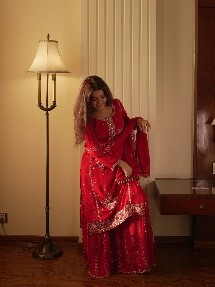 Red Faux Georgette Embroidery Sequins Wedding Party Festival Casual Sharara Pant Salwar Kameez