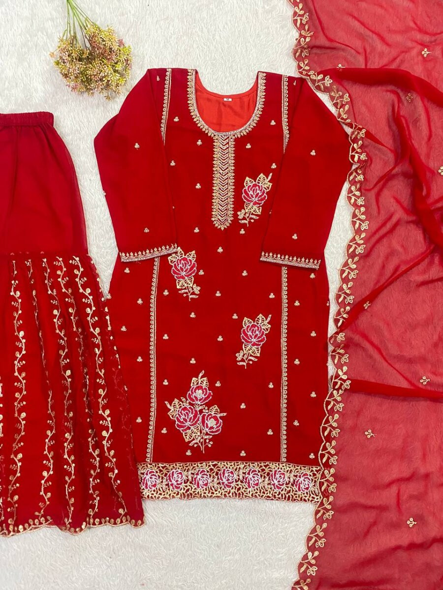 Red Faux Georgette Embroidery Sequins Wedding Party Festival Casual Sharara Pant Salwar Kameez