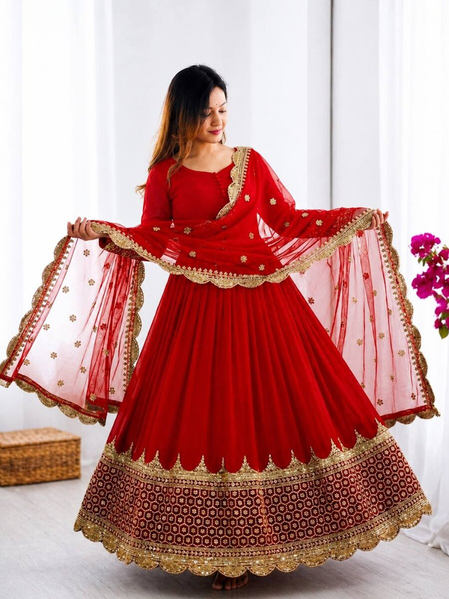 Red Faux Georgette Embroidery Sequins Zari Wedding Party Festival Casual Ready Anarkali Salwar Kameez