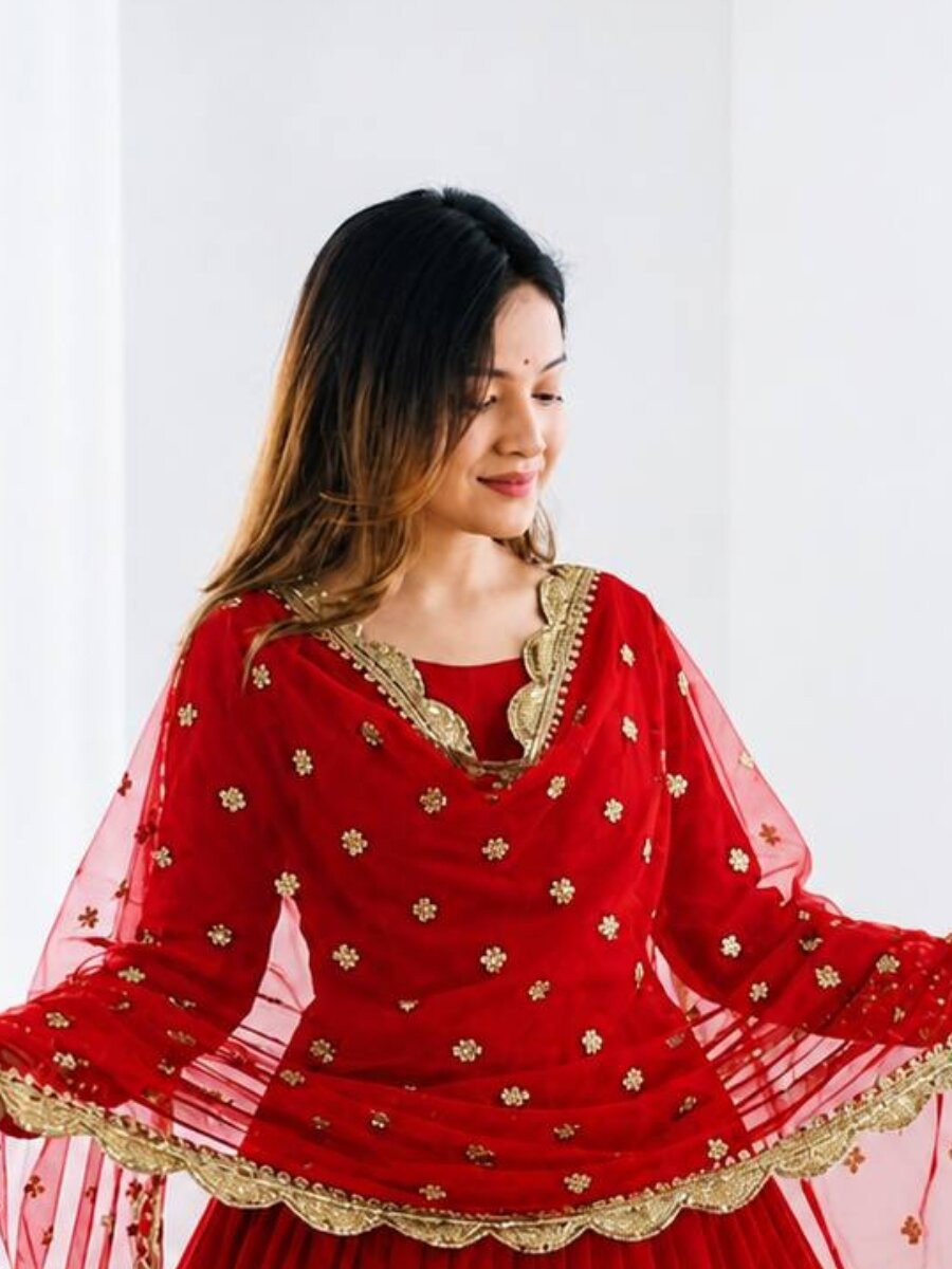 Red Faux Georgette Embroidery Sequins Zari Wedding Party Festival Casual Ready Anarkali Salwar Kameez