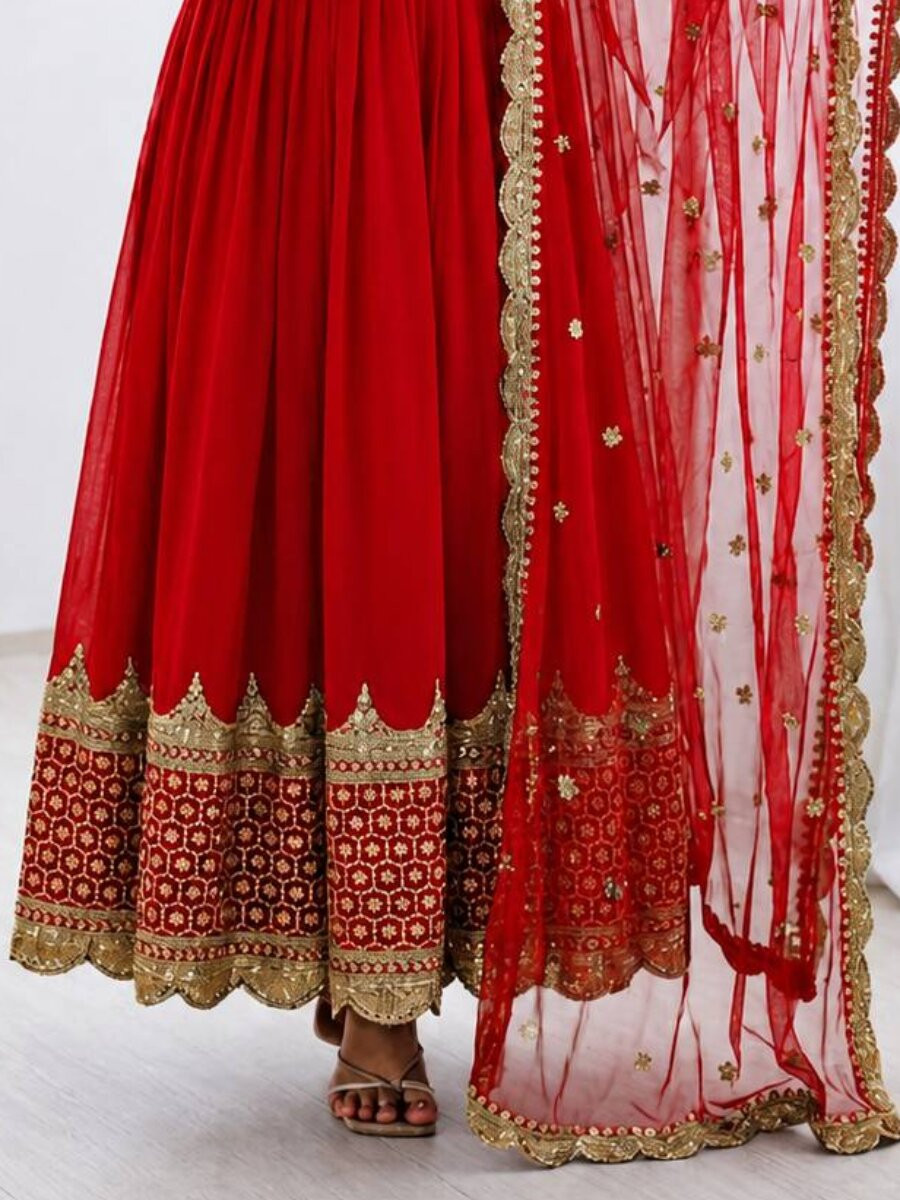 Red Faux Georgette Embroidery Sequins Zari Wedding Party Festival Casual Ready Anarkali Salwar Kameez