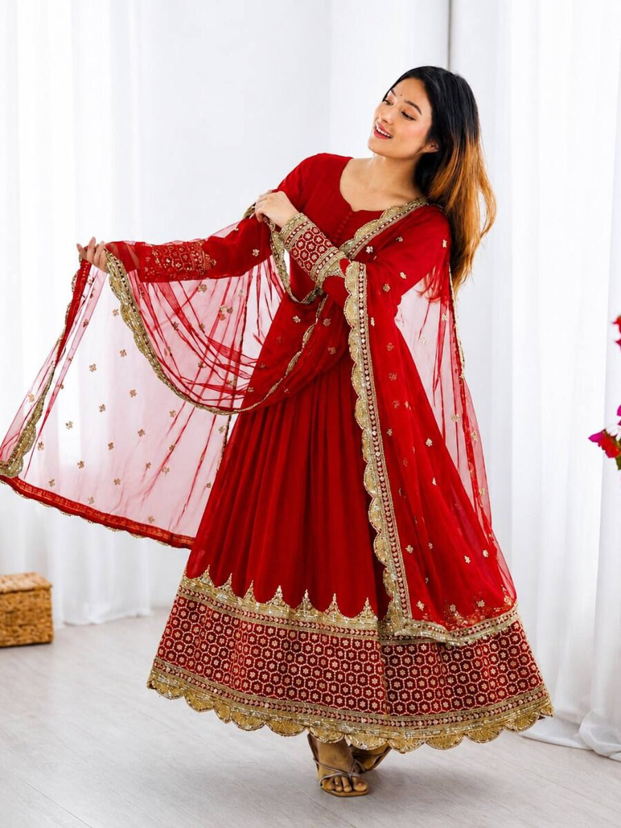 Red Faux Georgette Embroidery Sequins Zari Wedding Party Festival Casual Ready Anarkali Salwar Kameez