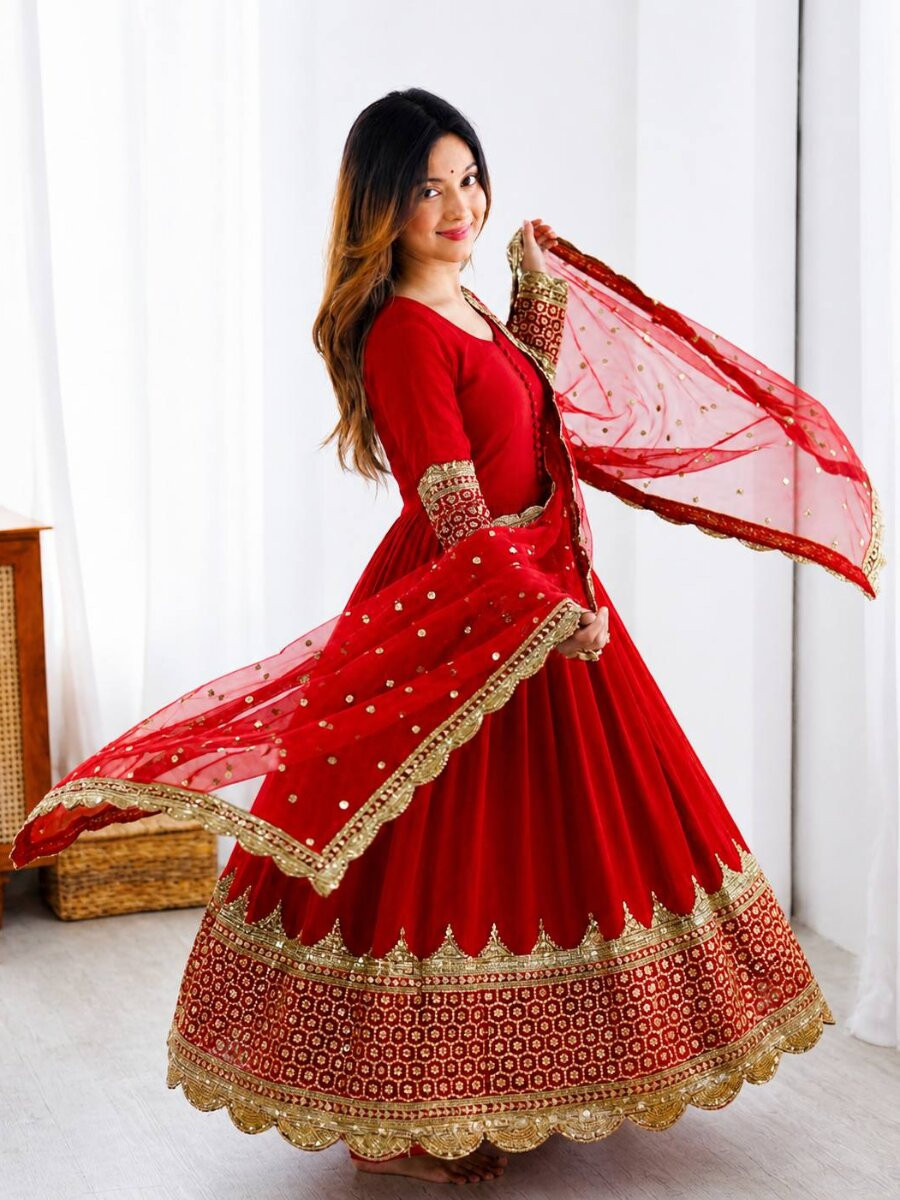 Red Faux Georgette Embroidery Sequins Zari Wedding Party Festival Casual Ready Anarkali Salwar Kameez