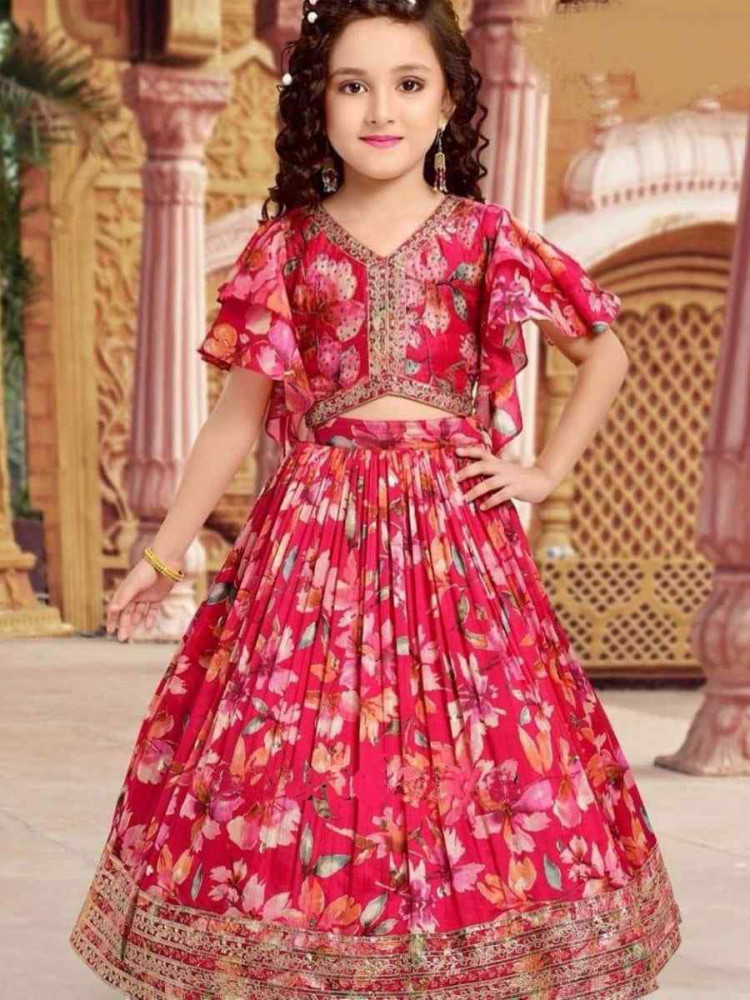 Image of Red Faux Georgette Printed Embroidered Wedding Festival Lehengas Girls Wear