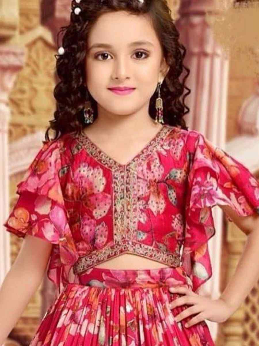 Red Faux Georgette Printed Embroidered Wedding Festival Lehengas Girls Wear