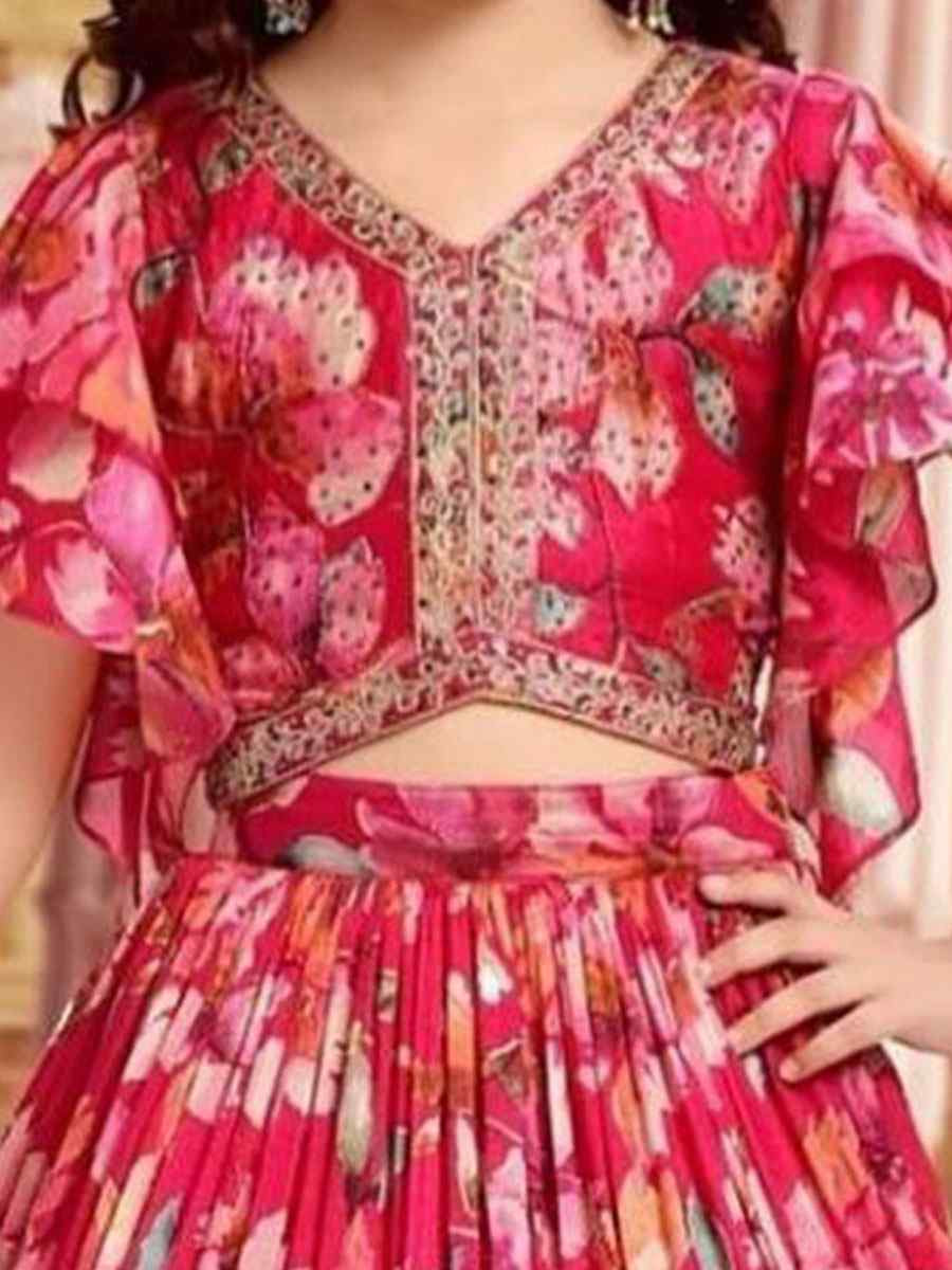 Red Faux Georgette Printed Embroidered Wedding Festival Lehengas Girls Wear
