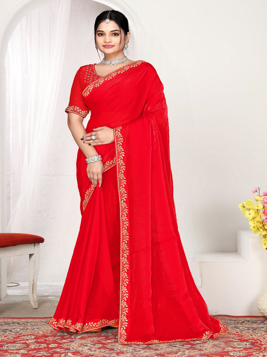 Red Fendi satin silk Zircon Stone Embroidery Festival Wedding Fancy Classic Heavy Border Saree