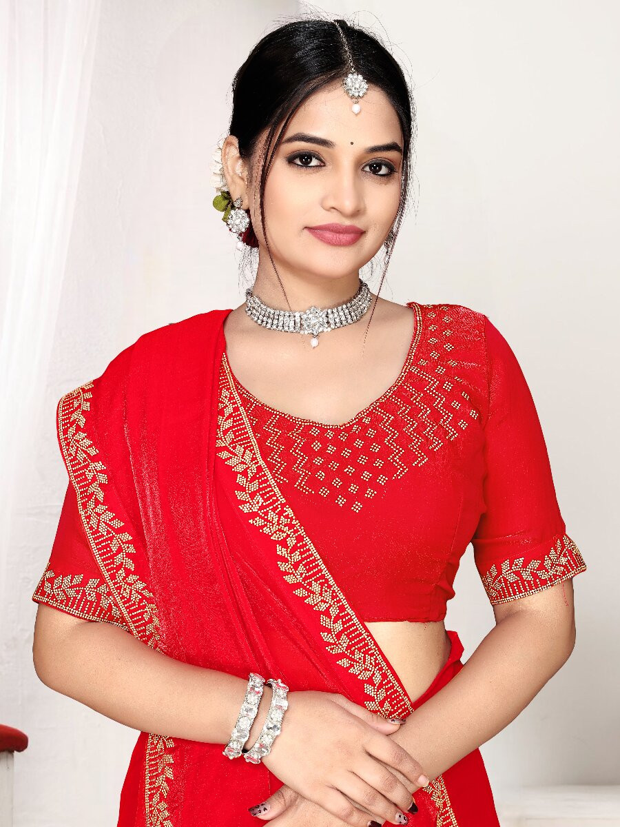Red Fendi satin silk Zircon Stone Embroidery Festival Wedding Fancy Classic Heavy Border Saree