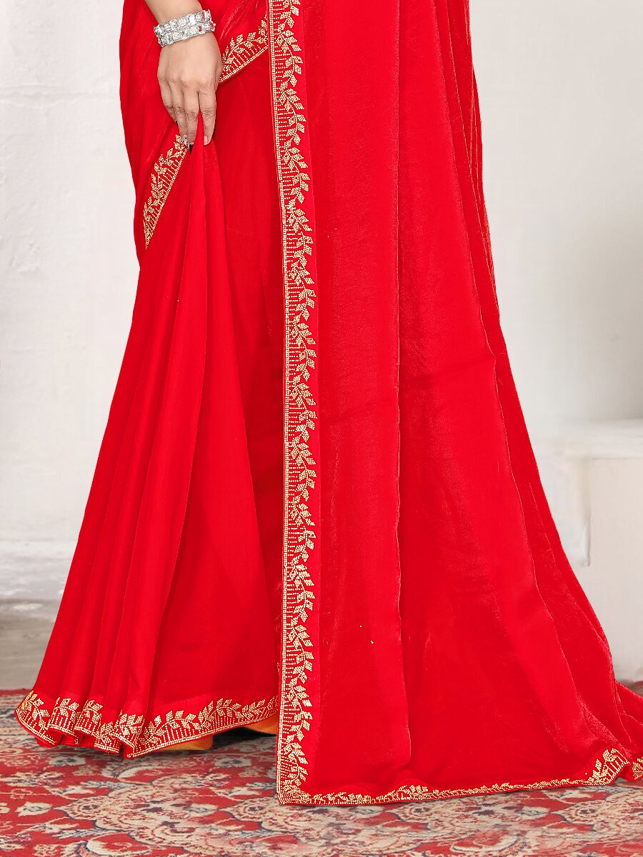 Red Fendi satin silk Zircon Stone Embroidery Festival Wedding Fancy Classic Heavy Border Saree