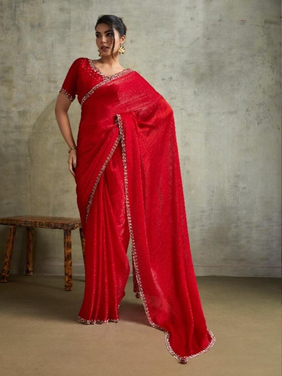 Red Fendy Chiffon bloomingSequins Wedding Reception Party Festival Heavy Border Sarees