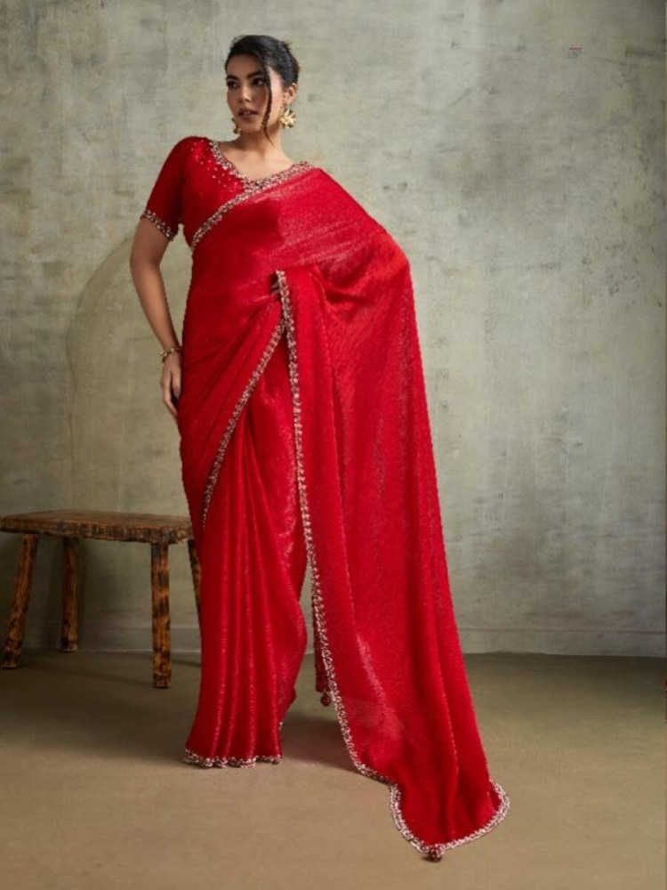 Image of Red Fendy Chiffon blooming Sequins Wedding Reception Party Festival Heavy Border Sarees