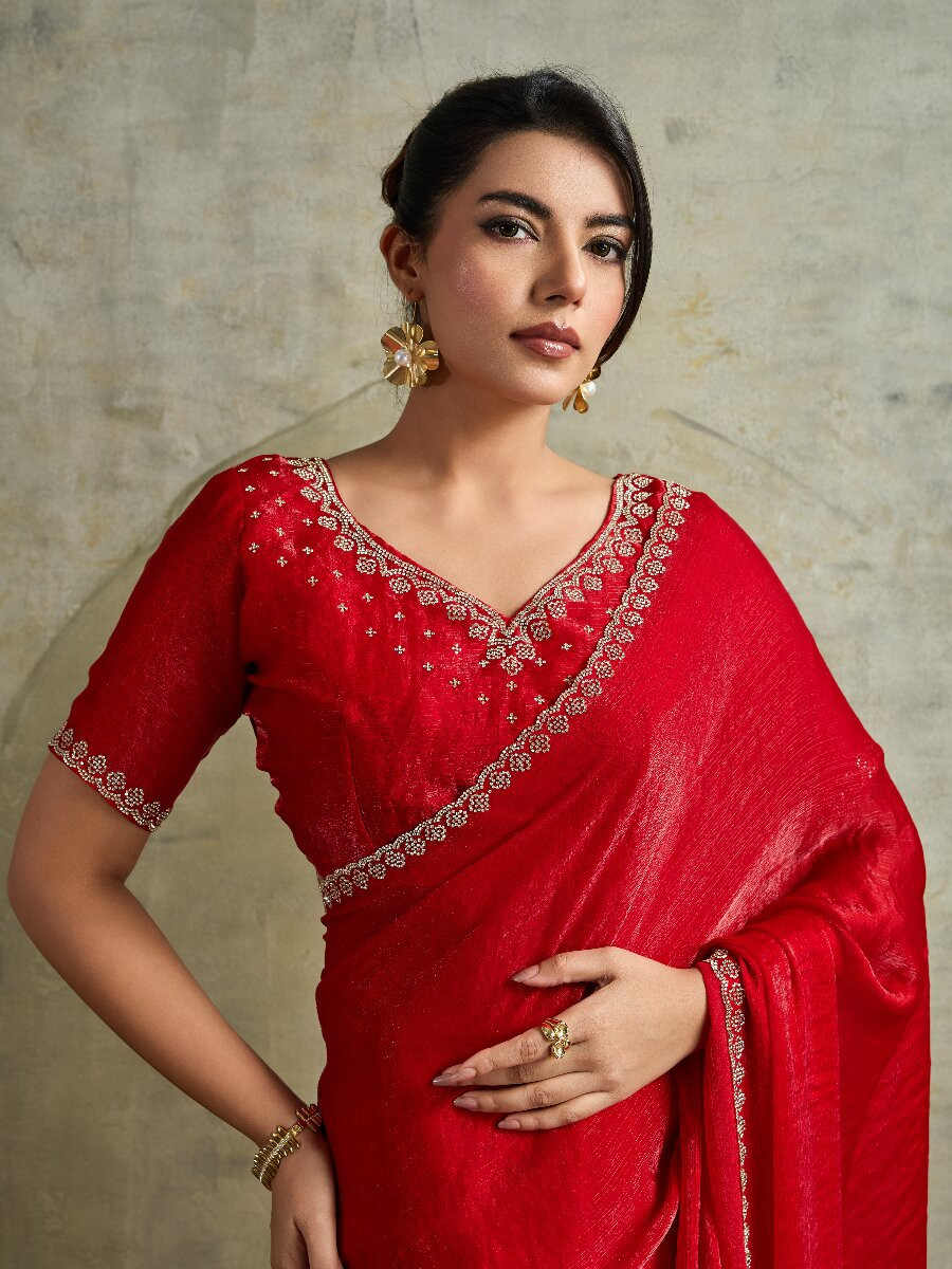 Red Fendy Chiffon bloomingSequins Wedding Reception Party Festival Heavy Border Sarees