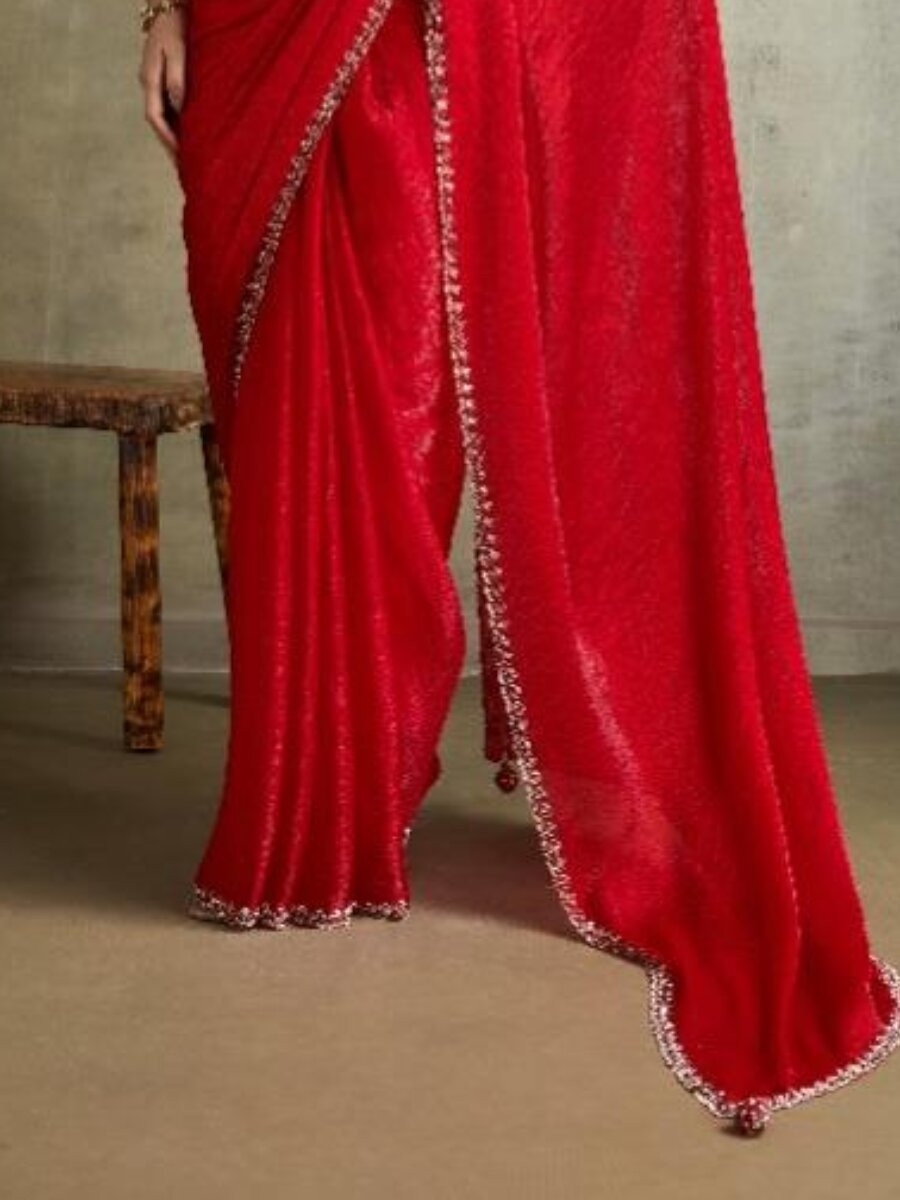 Red Fendy Chiffon bloomingSequins Wedding Reception Party Festival Heavy Border Sarees