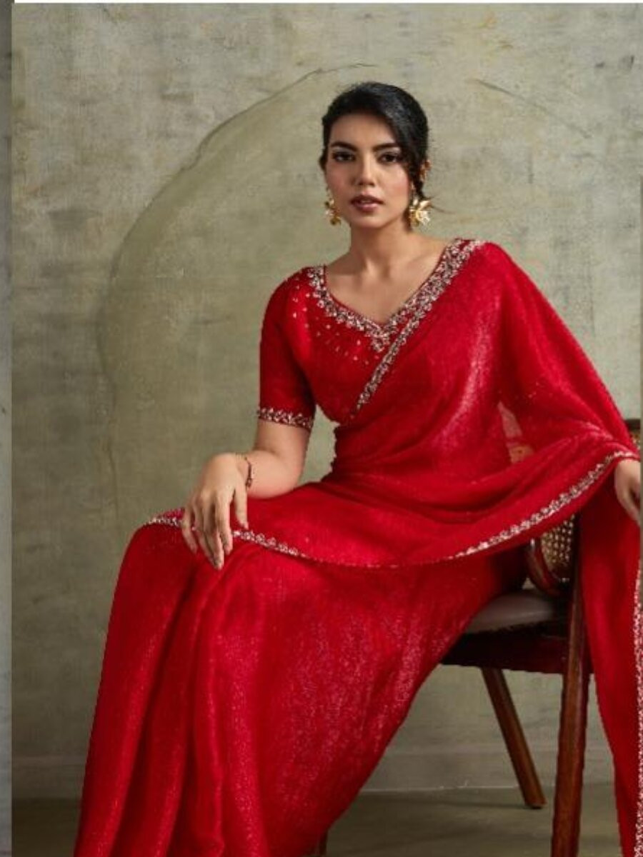 Red Fendy Chiffon bloomingSequins Wedding Reception Party Festival Heavy Border Sarees