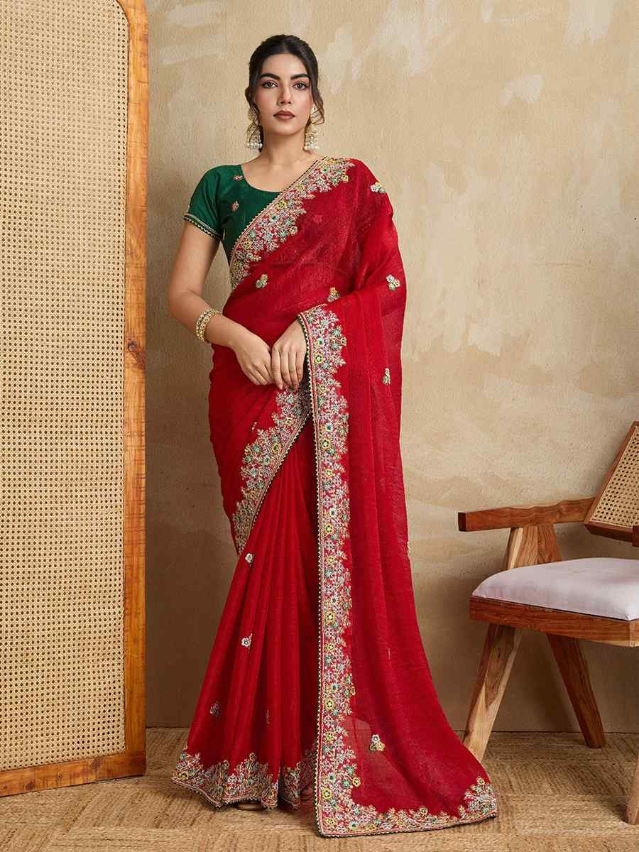 Red Fendy Chiffon Silk Embroidered Festival Wedding Fancy Heavy Border Saree