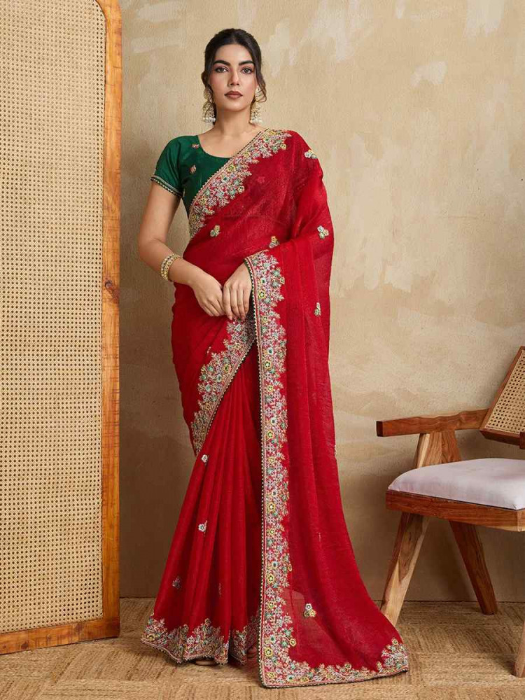 Red Fendy Chiffon Silk Embroidered Festival Wedding Fancy Heavy Border Saree