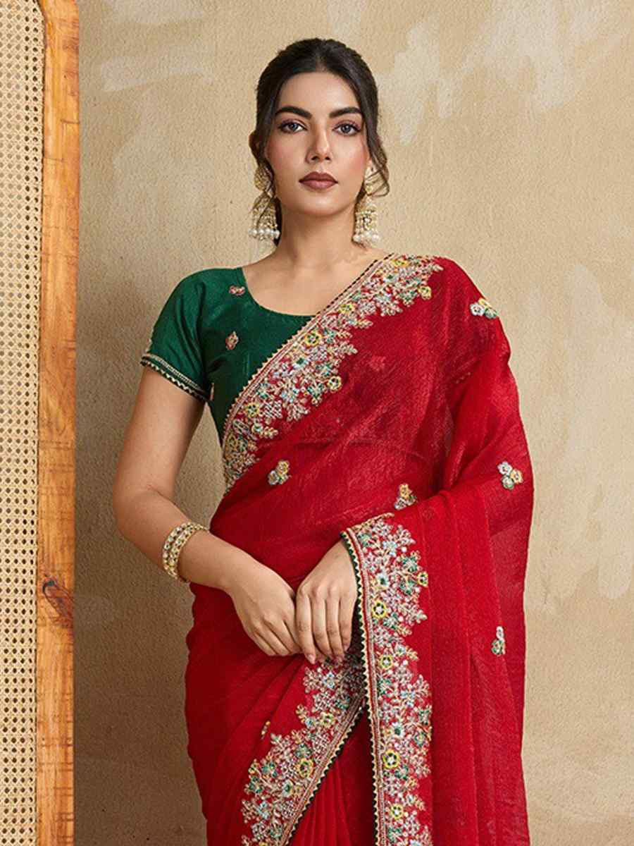 Red Fendy Chiffon Silk Embroidered Festival Wedding Fancy Heavy Border Saree