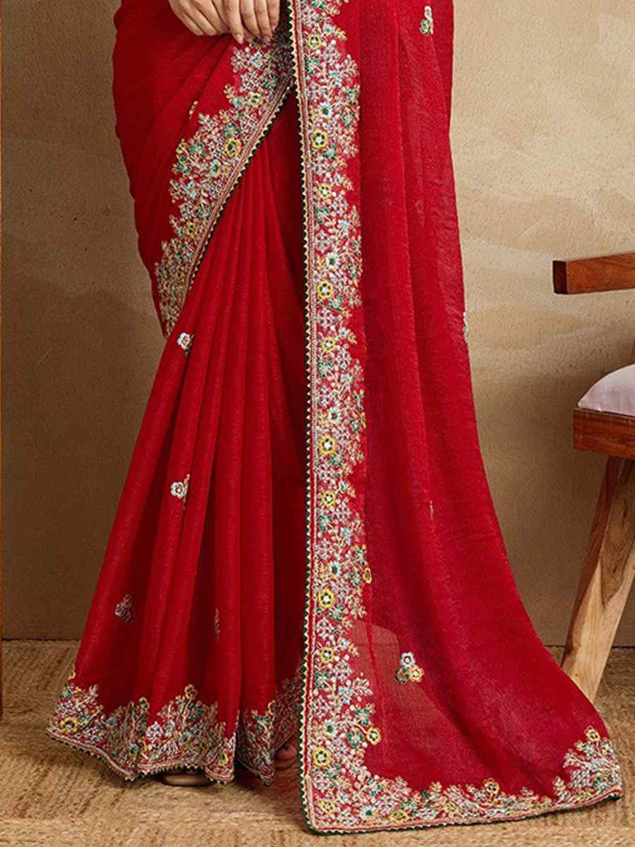 Red Fendy Chiffon Silk Embroidered Festival Wedding Fancy Heavy Border Saree