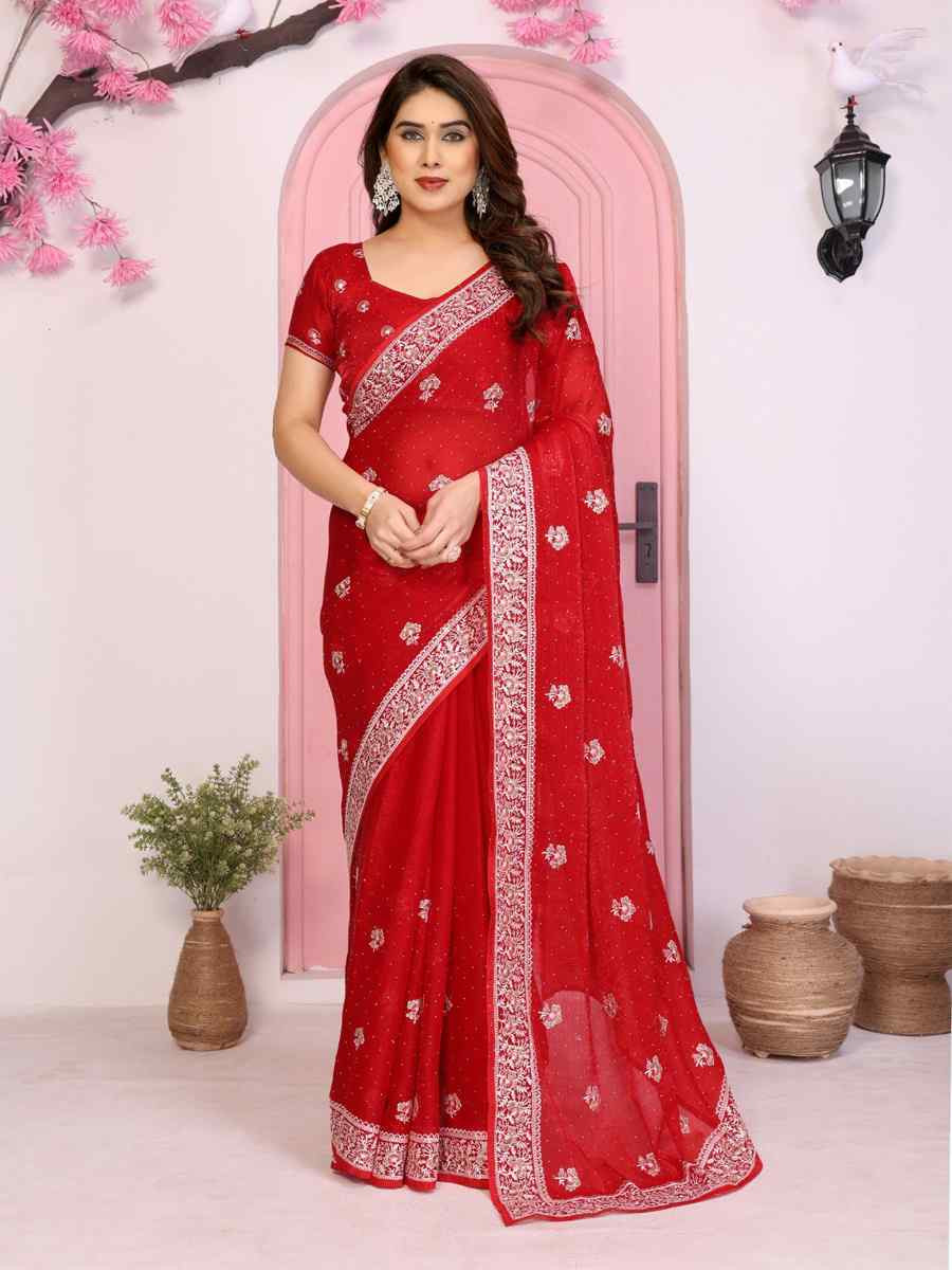 Red Fendy Chiffon Silk Embroidery Casual Festival Party Heavy Border Sarees