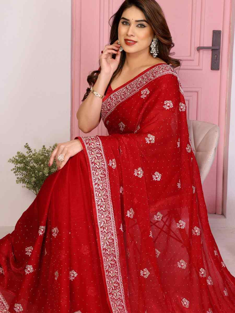 Red Fendy Chiffon Silk Embroidery Casual Festival Party Heavy Border Sarees