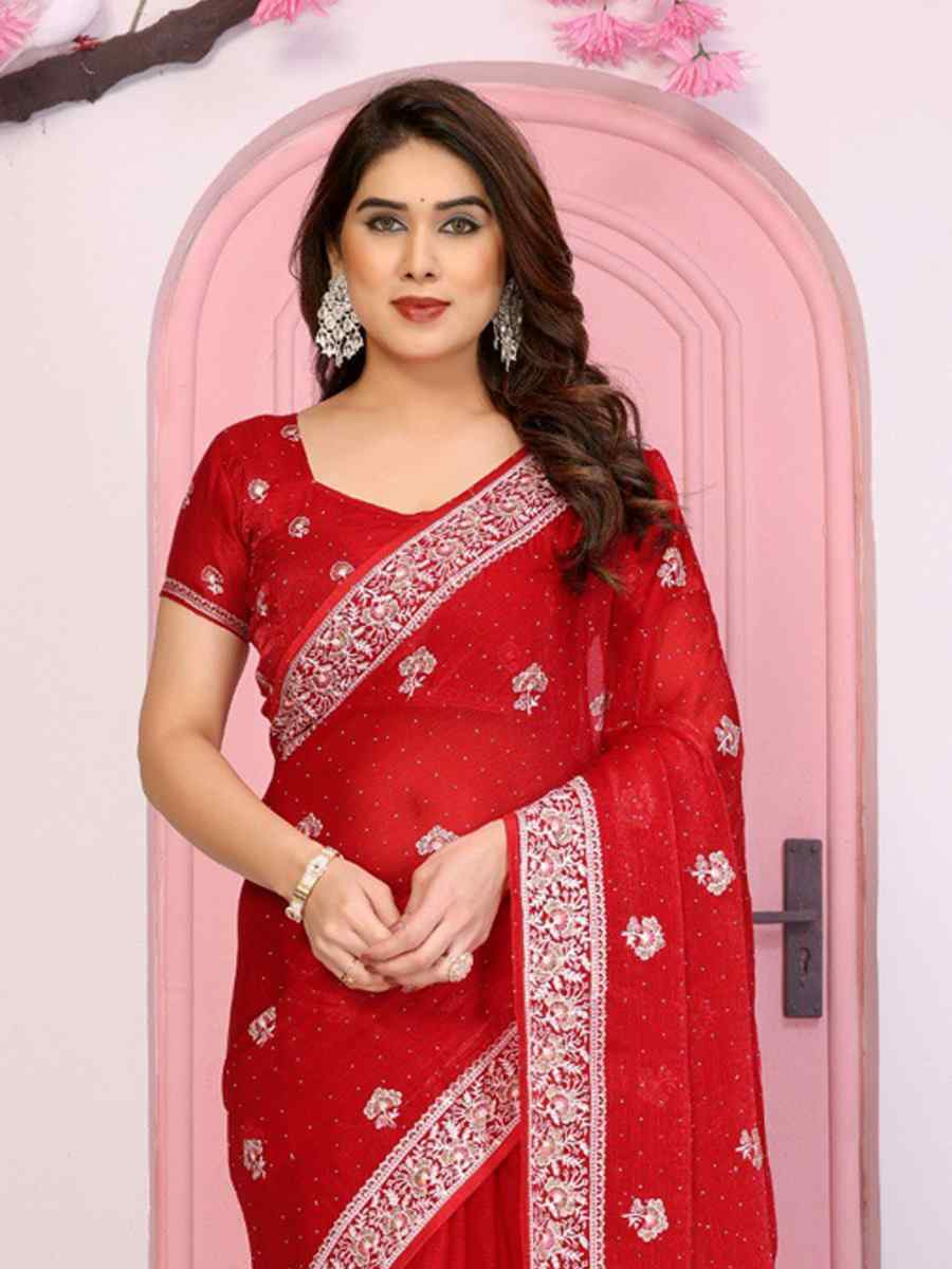 Red Fendy Chiffon Silk Embroidery Casual Festival Party Heavy Border Sarees