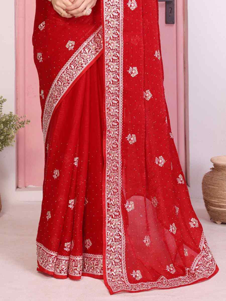 Red Fendy Chiffon Silk Embroidery Casual Festival Party Heavy Border Sarees