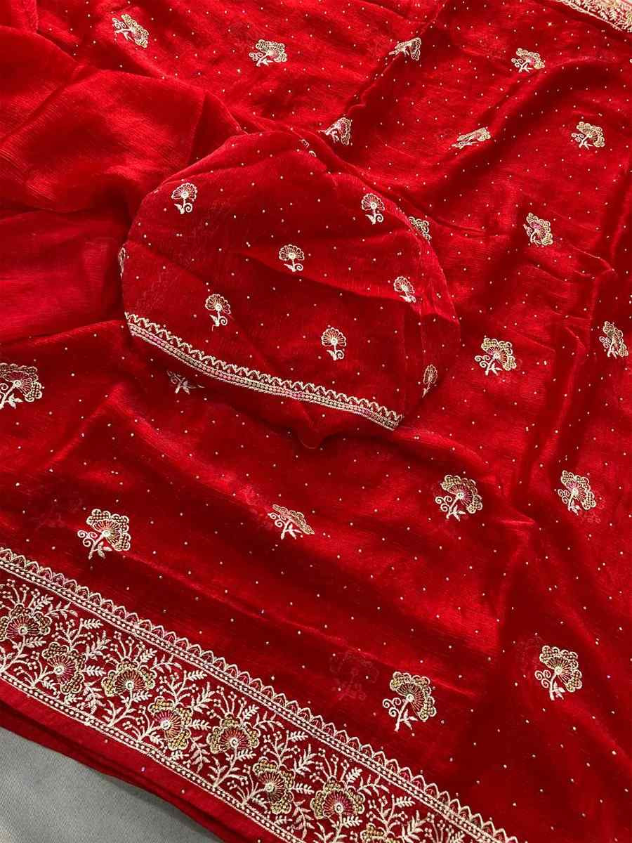 Red Fendy Chiffon Silk Embroidery Casual Festival Party Heavy Border Sarees