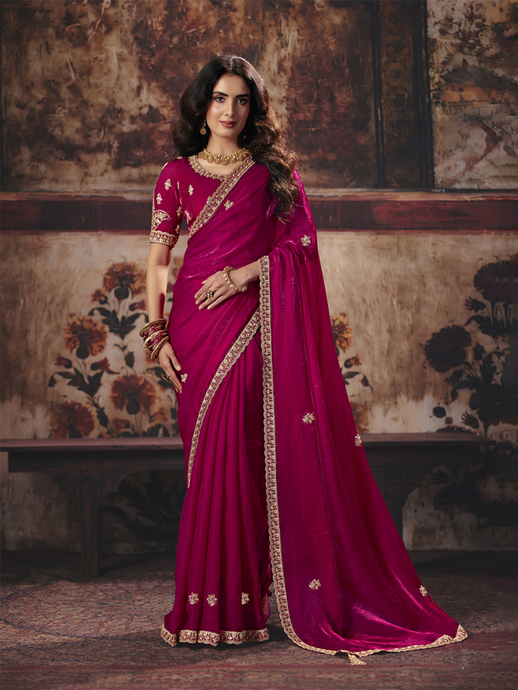 Image of Red Fendy Satin Embroidery Sequins Zari Wedding Reception Party Festival Casual Heavy Border Sarees