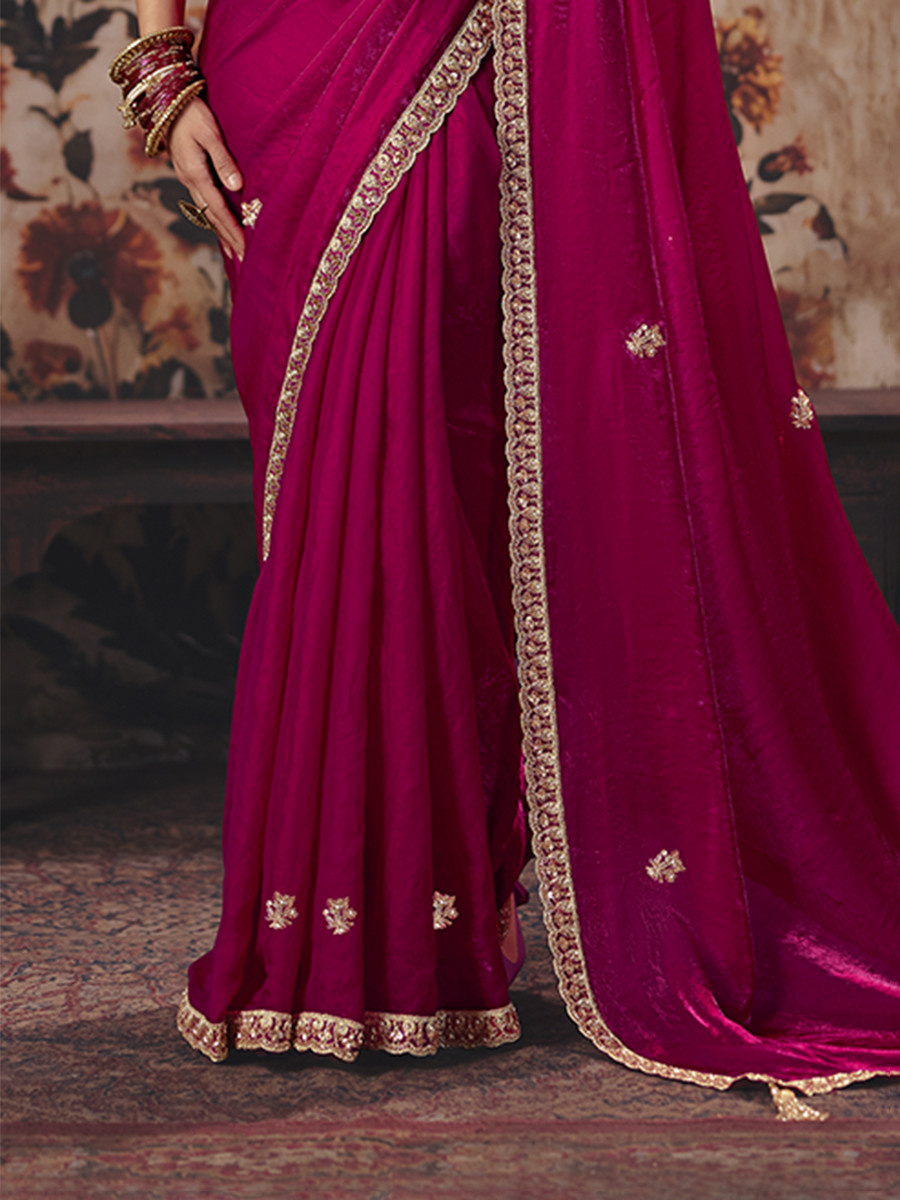 Red Fendy Satin Embroidery Sequins Zari Wedding Reception Party Festival Casual Heavy Border Sarees