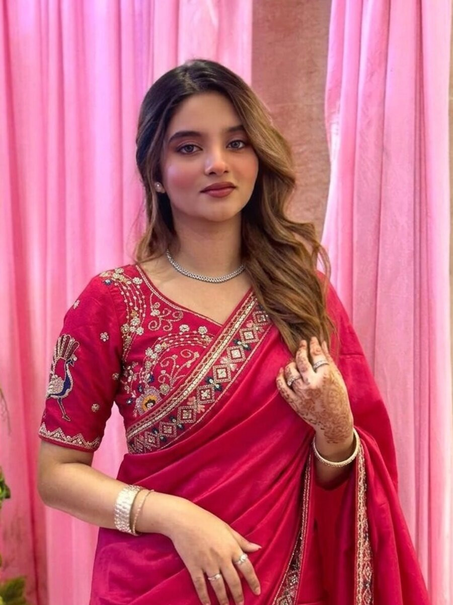 Red Fendy Satin Silk Embroidery Sequins Stone Work Wedding Reception Party Festival Casual Heavy Border Sarees
