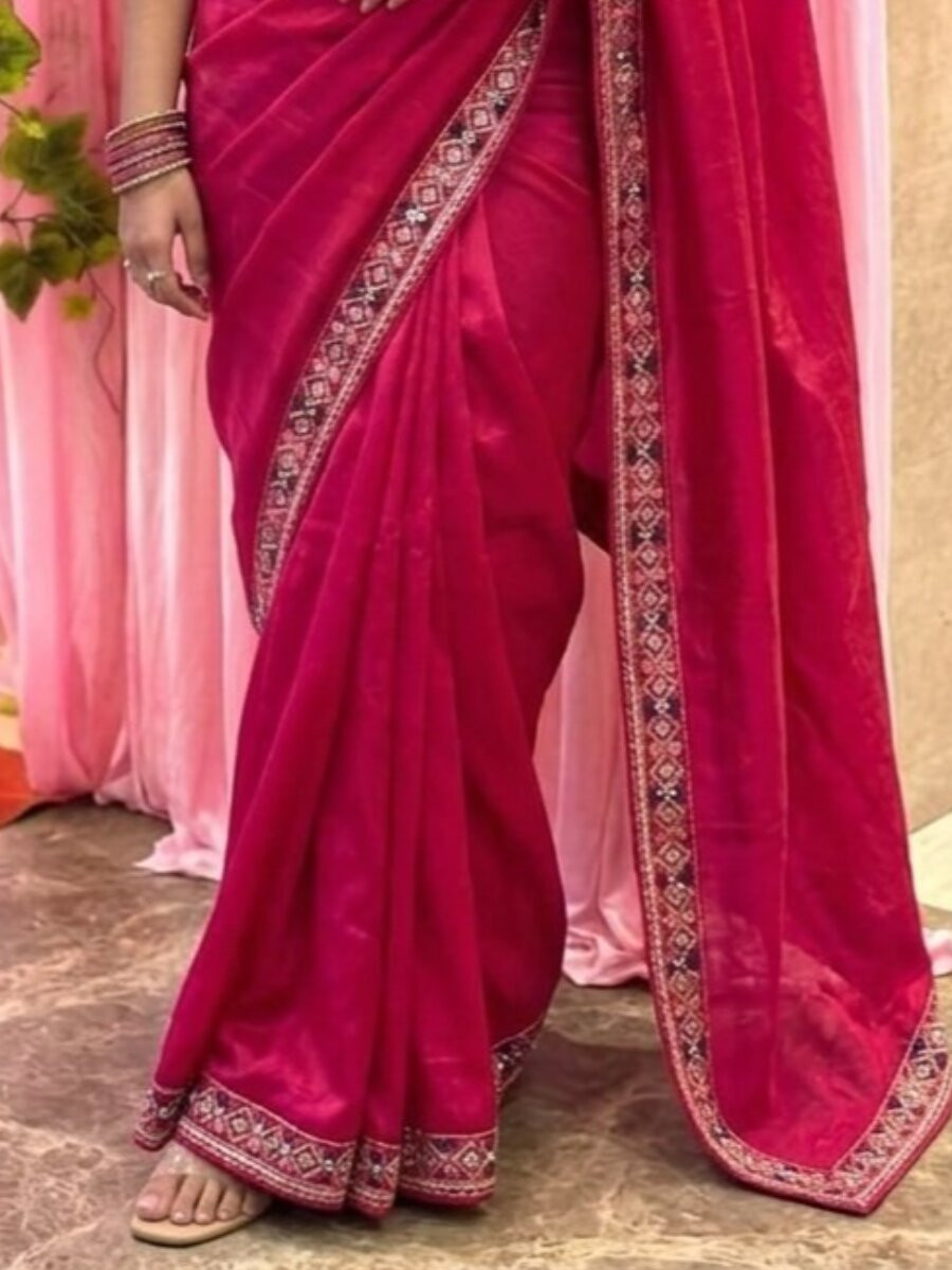 Red Fendy Satin Silk Embroidery Sequins Stone Work Wedding Reception Party Festival Casual Heavy Border Sarees