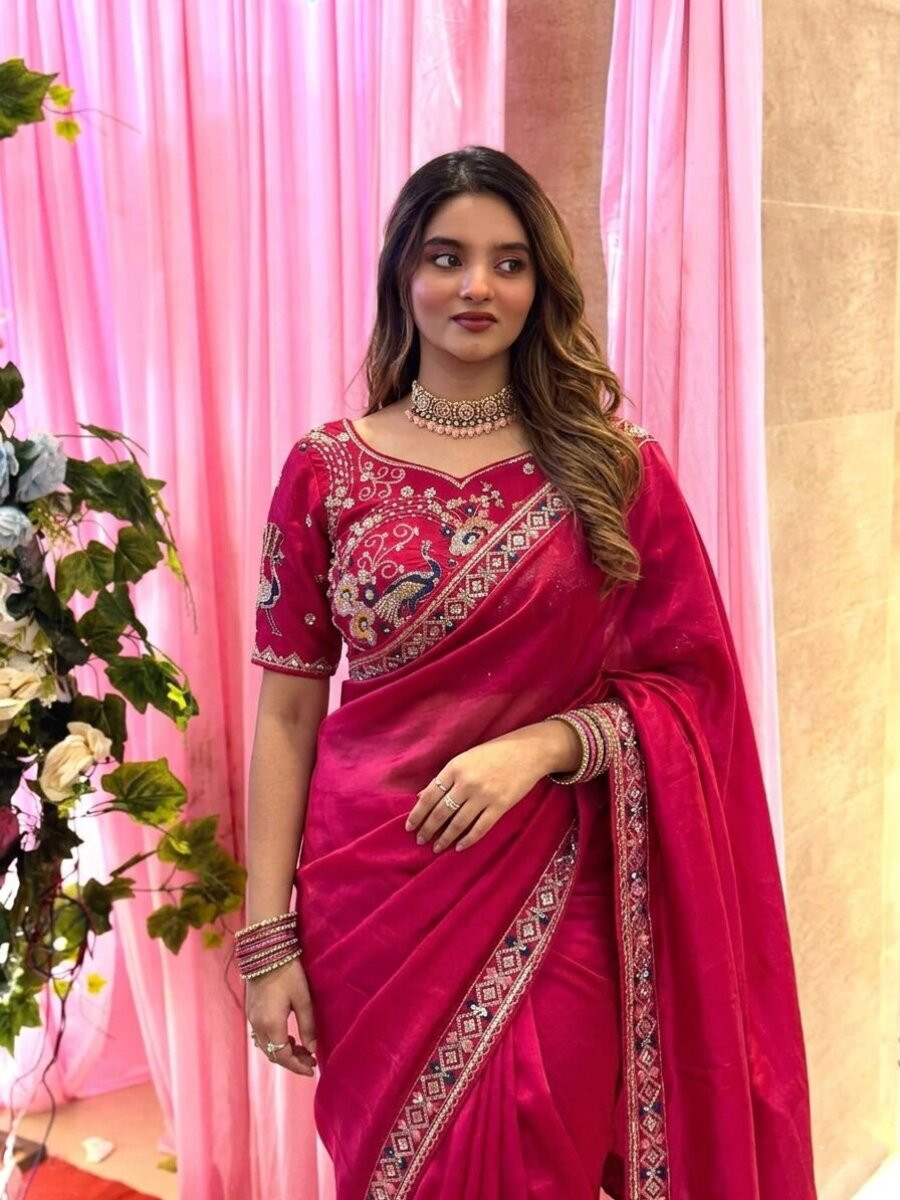 Red Fendy Satin Silk Embroidery Sequins Stone Work Wedding Reception Party Festival Casual Heavy Border Sarees