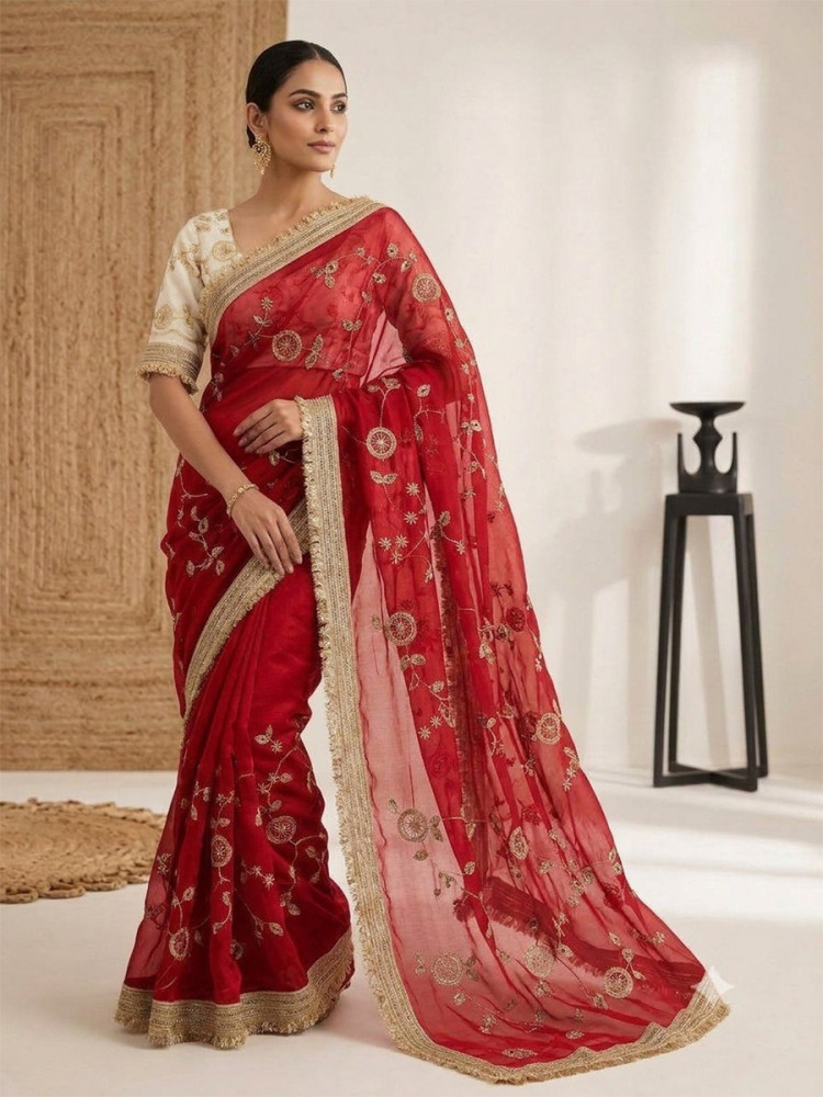 Image of Red Fendy Satin Silk Embroidery Wedding Reception Party Festival Casual Heavy Border Sarees
